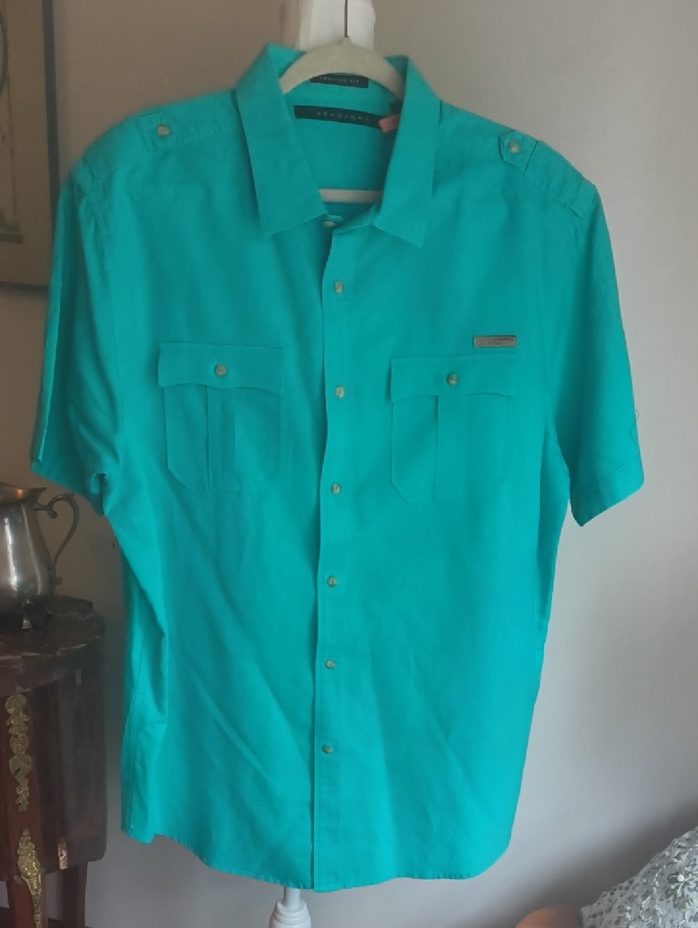 Sean John Mens Size 2XL Linen/Cotton Button Up Shirt Teal Green Epaulettes